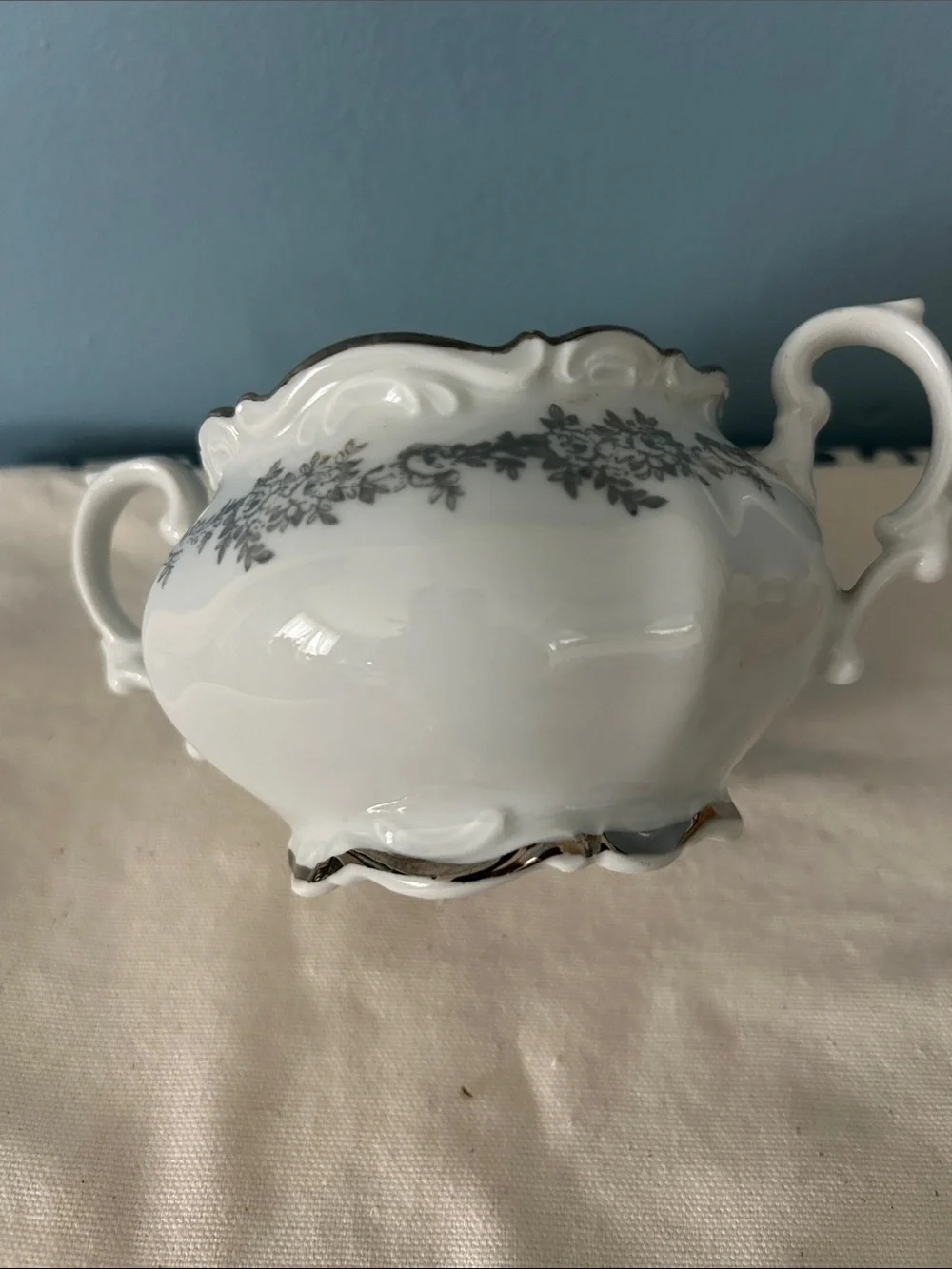 Bevaria Platinum White Porcelain Sugar Bowl & Silver Floral Trim Lid